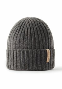 Gray ribbed knit beanie made of wool, featuring a folded cuff and a small leather tag with embossed text on the side.