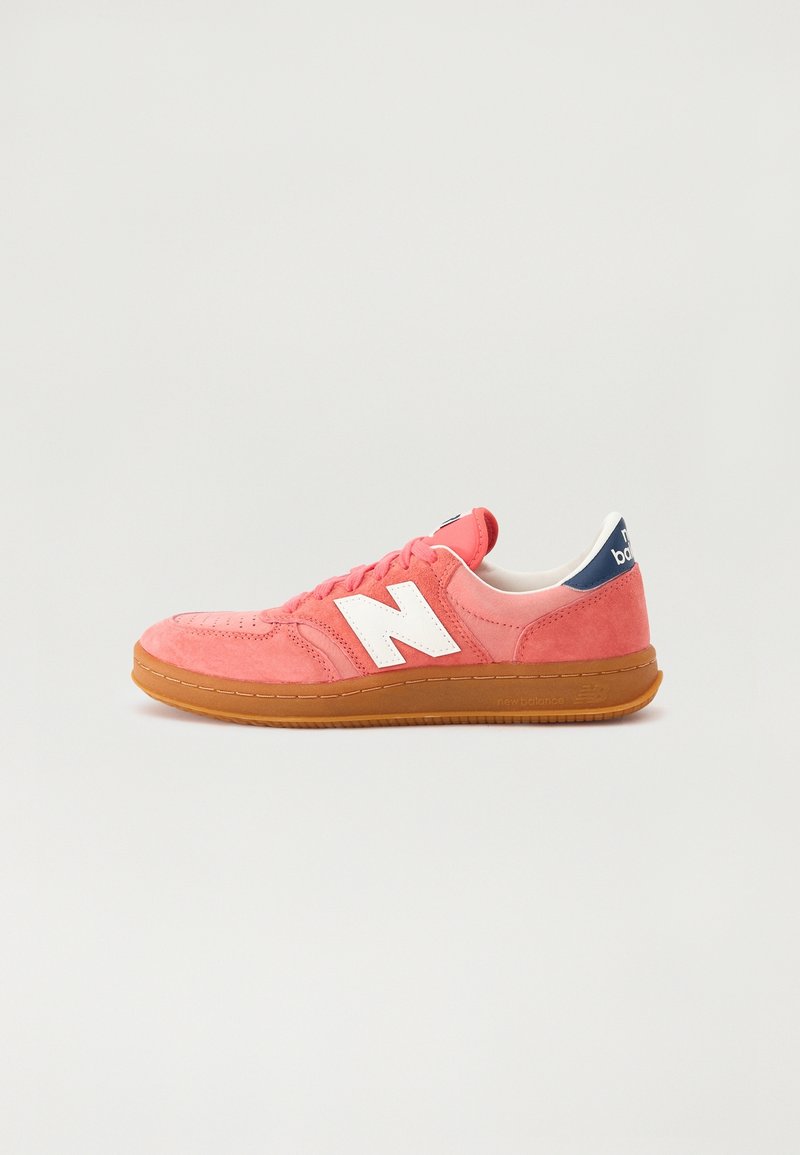 Baskets New Balance en suède rose corail avec logo "N" blanc, semelle en caoutchouc beige et languette de talon bleu marine avec texte blanc, vue de côté sur un fond clair.