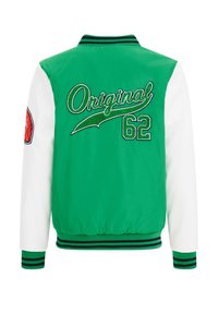 Vihreä pommilentäjän takki valkoisilla hihoilla, takana kohotetulla kirjoituksella "Original 62" ja raidoitetuilla ribbisuilla hihoissa ja helmassa.