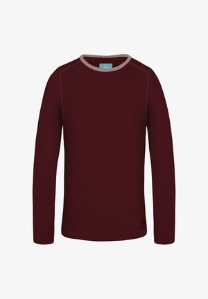 Langärmliges burgunderrotes Shirt mit Rundhalsausschnitt und hellfarbiger Paspelierung. Weicher Stoff, flache Nähte und kleines Logodetail am unteren Rand.