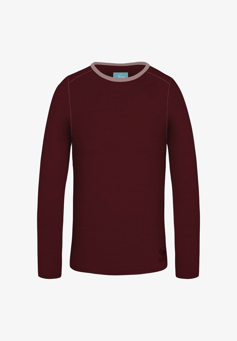 Langärmliges burgunderrotes Shirt mit Rundhalsausschnitt und hellfarbiger Paspelierung. Weicher Stoff, flache Nähte und kleines Logodetail am unteren Rand.