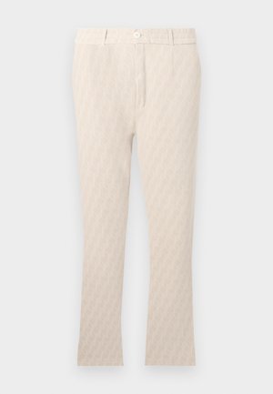 Beige patterned trousers with a leaf design, classic waist, single button closure, and straight-leg cut, crafted from lightweight fabric.
