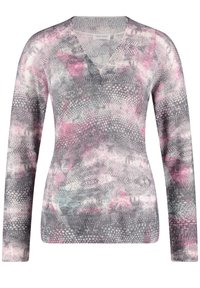 Long-sleeve, V-neck sweater in gray with pink and blue abstract patterns. Lightweight knit texture with a fitted silhouette.