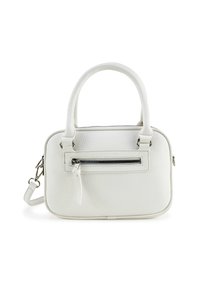 Witte leren handtas met een gestructureerde afwerking, twee handvatten, een afneembare schouderband en een voorvak met rits. Voorzien van zilverkleurige hardware.