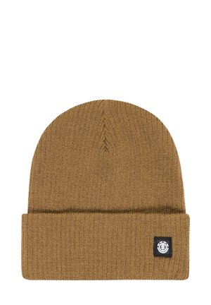 Berretto in maglia marrone con risvolto, realizzato in materiale morbido, con un piccolo logo nero del marchio sul lato. Finitura testurizzata in tutto il berretto.