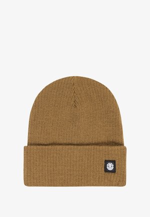 Brown knit beanie with a folded cuff, made of soft material, featuring a small black brand logo on the side. Textured finish throughout.