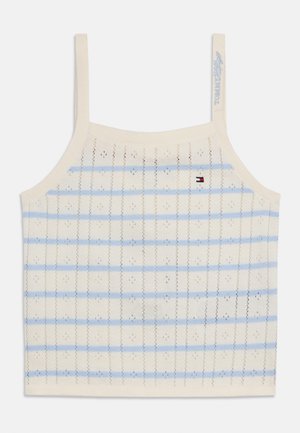 Kremfarget strikket tanktopp med lyseblå horisontale striper, tynne stropper og liten Tommy Hilfiger-logo på brystet og stroppen.