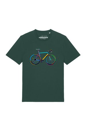 T-shirt vert foncé à manches courtes avec un graphisme coloré et stylisé de vélo centré sur le devant.