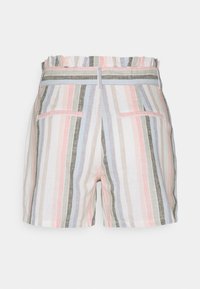 Proužkové šortky v barvách růžové, zelené a modré. Vyrobené z lehké látky s elastickým pasem a dvěma zadními kapsami.