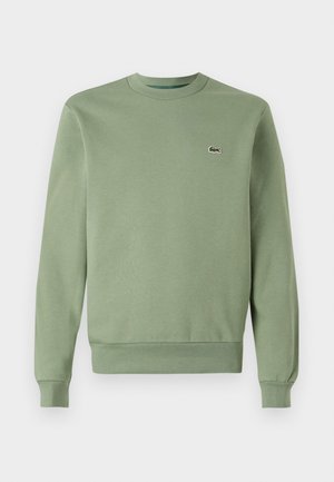 Sweatshirt vert clair en tissu doux. Il présente un col rond, des poignets côtelés et un petit logo brodé sur la poitrine.