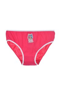 Mutandine in cotone rosa con un bordo in pizzo bianco e il logo "LOL Surprise!" sulla parte anteriore. Presentano un design classico a slip.
