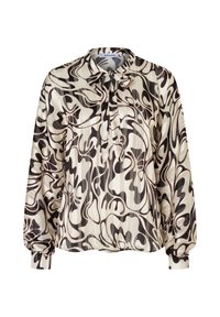 Bluzka z długim rękawem w kolorze kremowym z abstrakcyjnymi czarnymi wzorami w formie zawijasów, z kołnierzykiem i wiązaniem przy szyi. Gładki, jedwabisty materiał.