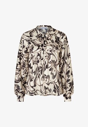 Langärmlige Bluse in Creme mit abstrakten schwarzen Wirbelmustern, mit Kragen und Bindendetail am Hals. Glattes, seidiges Material.