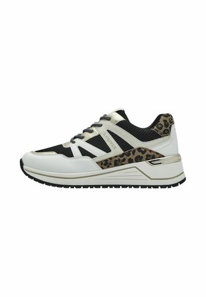 Black and white athletic shoes with a leopard print accent. Features mesh and synthetic material, textured sole, and contrasting laces.