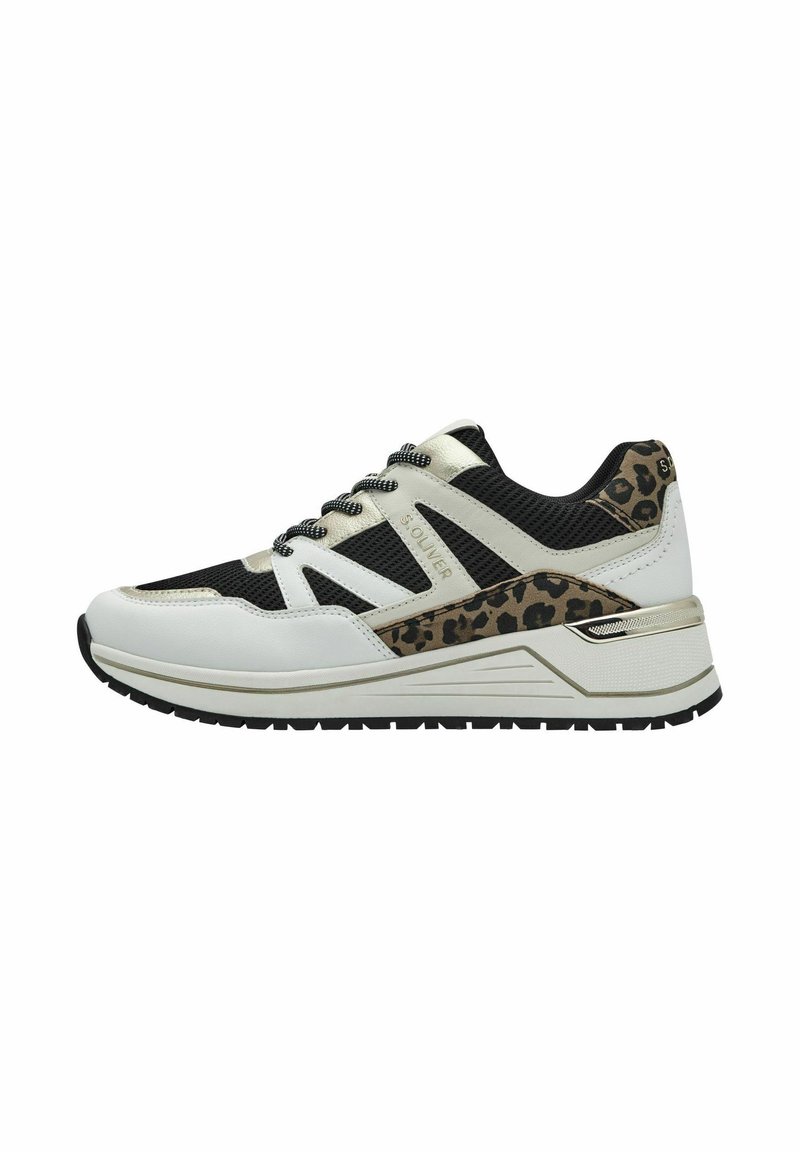 Scarpe sportive bianco e nero con un accento a stampa leopardata. Presentano materiali in rete e sintetici, suola testurizzata e lacci a contrasto.