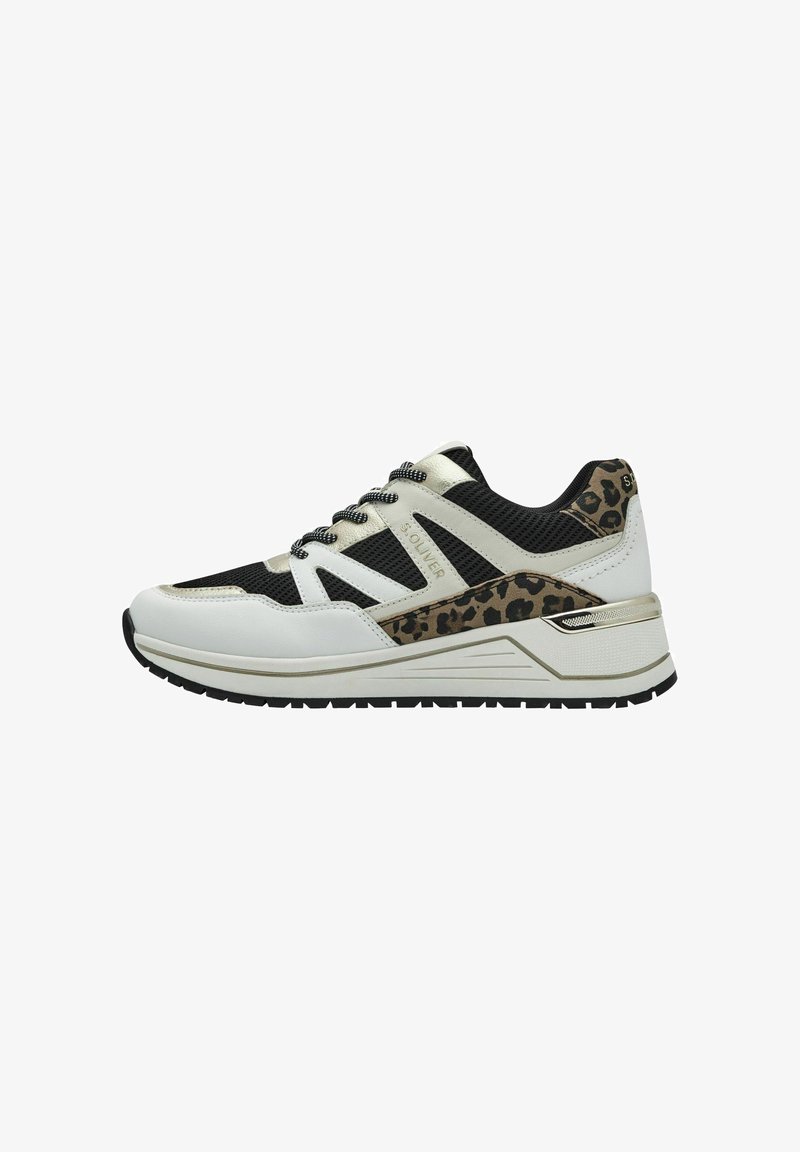 Black and white athletic shoes with a leopard print accent. Features mesh and synthetic material, textured sole, and contrasting laces.