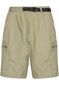 Beige cargo šortky s elastickým pasem, černým nastavitelným pásem a zipovými kapsami na obou stranách.