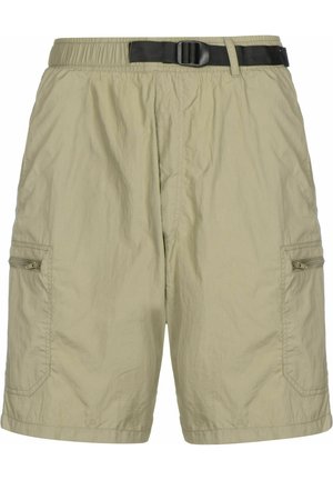 Shorts cargo beige avec taille élastique, ceinture noire réglable et poches zippées des deux côtés.