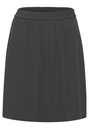 Falda gris con cintura elástica hecha de tela ligera. Presenta una textura suave, un diseño hasta la rodilla y sutiles pliegues para un detalle adicional.