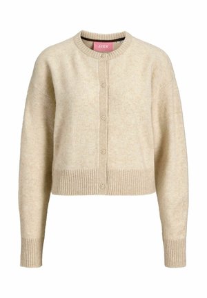 Beige cropped vest van zachte stof, met een ronde halslijn, knoopsluiting aan de voorkant en geribbelde mouwen en zoom.