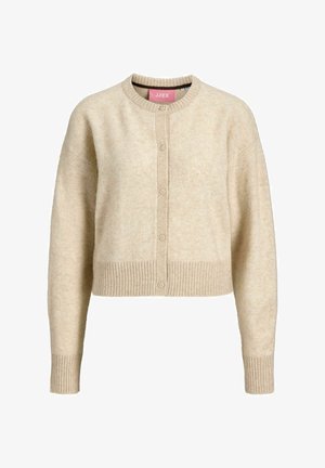 Beige cropped vest van zachte stof, met een ronde halslijn, knoopsluiting aan de voorkant en geribbelde mouwen en zoom.