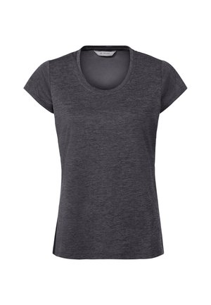 Donkergrijs, dames T-shirt met korte mouwen en ronde hals, met subtiele textuur en klein logo op de bovenste linkerborst.