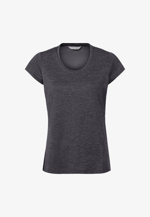 T-shirt femme gris foncé à manches courtes et col rond, avec une texture subtile et un petit logo sur le haut à gauche de la poitrine.