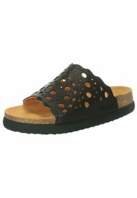 Schwarze Lederriemensandale mit Laserschnittmustern, einer gepolsterten hellbraunen Innensohle und einer strukturierten Gummisohle für besseren Halt.