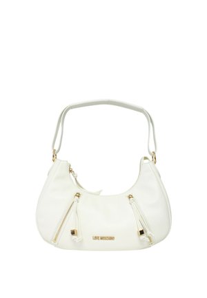 Borsa White Love Moschino con tracolla corta, due tasche diagonali con zip e nappine, e dettagli in metallo color oro.