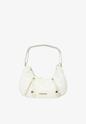 Borsa White Love Moschino con tracolla corta, due tasche diagonali con zip e nappine, e dettagli in metallo color oro.