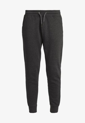 Grijze joggingsbroek van zachte stof, met een elastische tailleband met een trekkoord, zijzakken en geribbelde boorden bij de enkels.