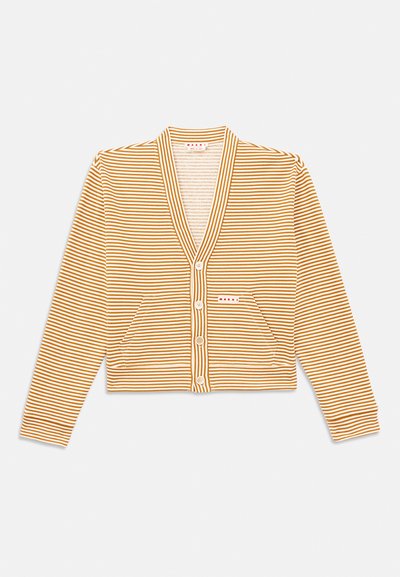 Izgriezts džemperis ar oranžām un baltām svītrām, ar garām piedurknēm, V veida kaklu, ar pogu priekšpusi un divām priekšējām kabatām.