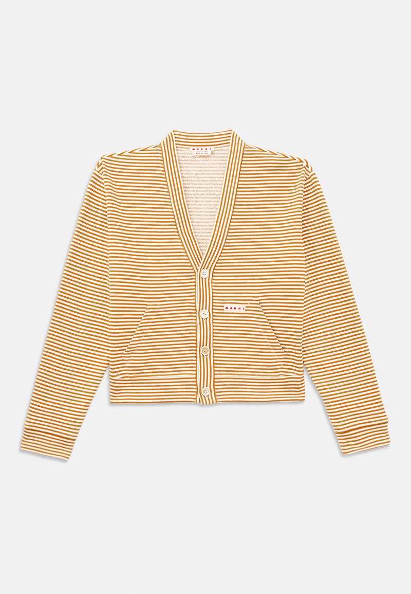 Gekürzter Cardigan in orange-weißen Streifen, mit langen Ärmeln, einem V-Ausschnitt, Knopfleiste und zwei Fronttaschen.