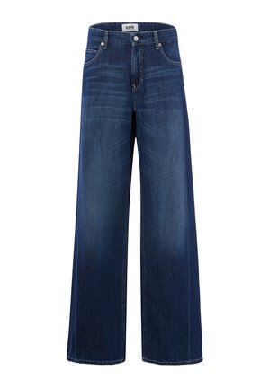 Dunkelblaue Jeans mit weitem Bein, vorne mit Knopf- und Reißverschluss, vorderen Taschen und dezentem Verblassen an den Oberschenkeln.