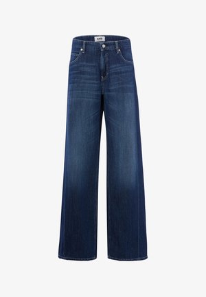 Dunkelblaue Jeans mit weitem Bein, vorne mit Knopf- und Reißverschluss, vorderen Taschen und dezentem Verblassen an den Oberschenkeln.