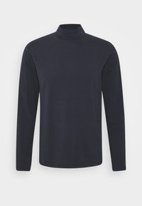 Mörkblå långärmad rullkrage tröja gjord av mjukt, slätt tyg. Har en hög hals och en åtsittande silhuett utan synliga mönster eller detaljer.