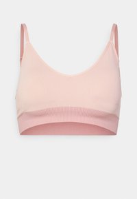 Svijetlo ružičasti bralette od mekanog materijala, s okruglim izrezom, tankim trakama i rebrastim pojasom na dnu.