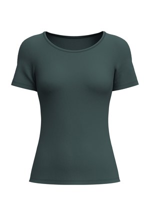 Donkergroene T-shirt met korte mouwen, voorzien van een ronde halslijn, een getailleerde pasvorm en een gladde textuur. Eenvoudig ontwerp zonder patronen of accenten.