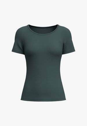 Dark green short-sleeve T-shirt featuring a rounded neckline, fitted shape, and smooth texture. Simple design with no patterns or accents.