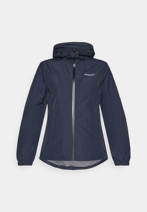 Navy blue waterproof jacket with a zip front, adjustable hood, elastic cuffs, and a curved hem. Features the logo on the left chest.