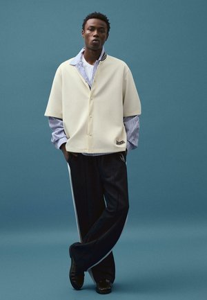 Mladi moški stoji na modrem ozadju, oblečen v plasti bež kratke srajce, črtasto srajco s gumbi, črne hlače z belo črto ob strani in črne čevlje.