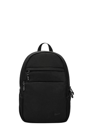 Zaino nero con una finitura liscia e opaca. Ha un compartimento principale, una tasca frontale con zip e tasche laterali. Design semplice, maniglia imbottita.