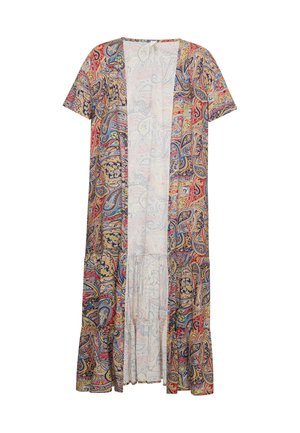 Kimono lung, cu deschidere frontală, cu mâneci scurte, având un model paisley colorat în roșu, albastru și galben pe un fundal deschis.