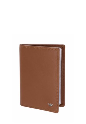 Brown leather bifold wallet with visible stitching and a small silver logo on the bottom right corner, slightly open showing clear plastic card sleeves.