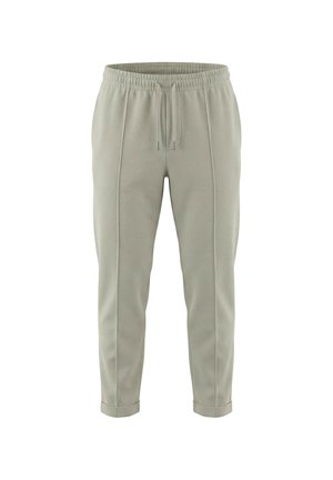 Pantaloni jogger grigi chiari a taglio affusolato con vita elasticizzata, coulisse, dettagli con cuciture verticali, tasche laterali e orli risvoltati.