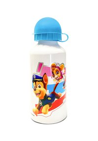 Bouteille d'eau en métal blanc avec un bouchon en plastique bleu, ornée de personnages de dessins animés colorés sur le côté et d'une texture lisse et brillante.