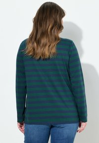 Langarmshirt met donkerblauwe en groene horizontale strepen, gemaakt van zachte stof, met een relaxte pasvorm en een afgeronde zoom.