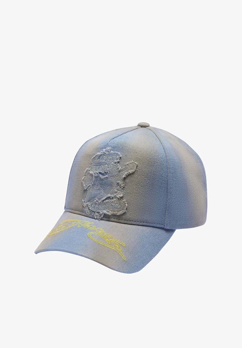Light blue cap with a textured embroidered design on the front and bright yellow stitching on the brim. Adjustable back closure.