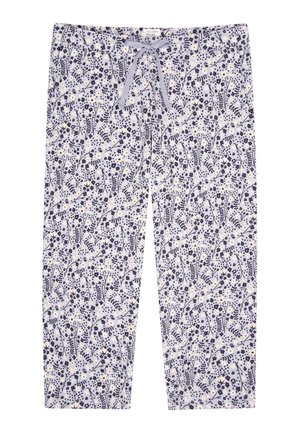 Pantaloni da pigiama leggeri in un tessuto viola pastello con un motivo floreale e di foglie in blu navy, bianco e arancione. Vita elastica con cordoncino.