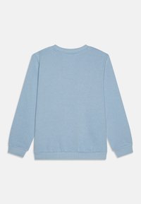 Sudadera azul claro con escote redondeado, mangas largas, puños de canalé y una textura suave. Sin diseños ni acentos visibles.